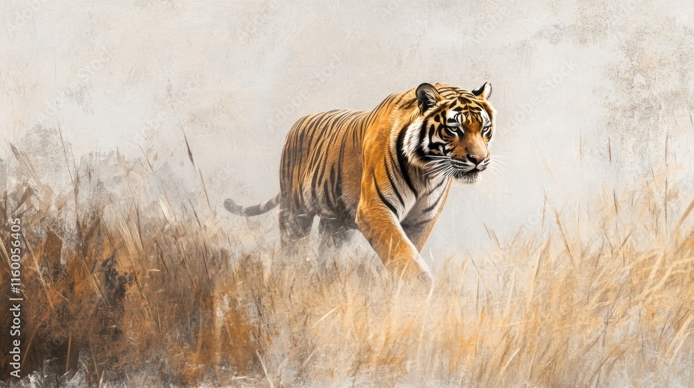 Naklejka premium A Bengal tiger walking through misty grasslands, painted in oil on a vintage grunge paper background with soft gray and brown accents, exuding mystery and grace