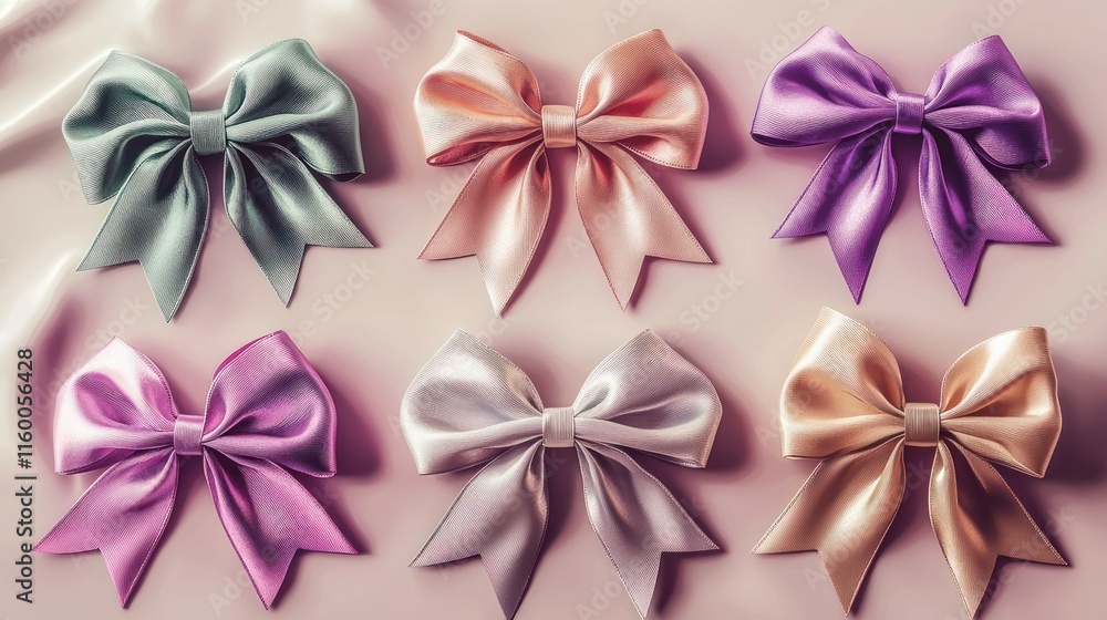 Six pastel satin bows arranged on silk fabric. Six pastel satin bows arranged on silk fabric.