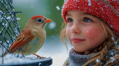 Children exploring the wonders of winter wildlife while observing birds in a snowy environment photo