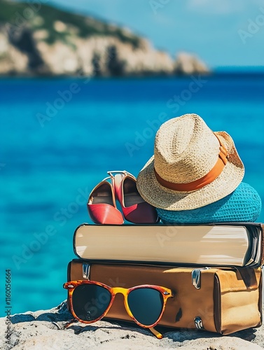 Beach Vacation Items with Hats and Sunglasses Overlooking Turquoise Sea and Rocky Cliffs : Generative AI