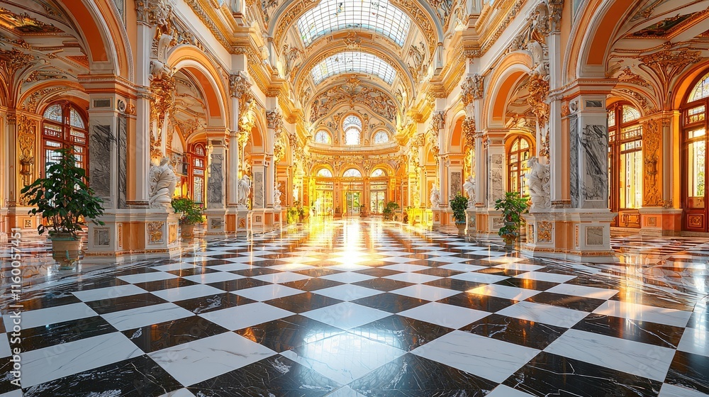 Obraz premium A grand, ornate interior featuring marble floors and intricate architectural details.