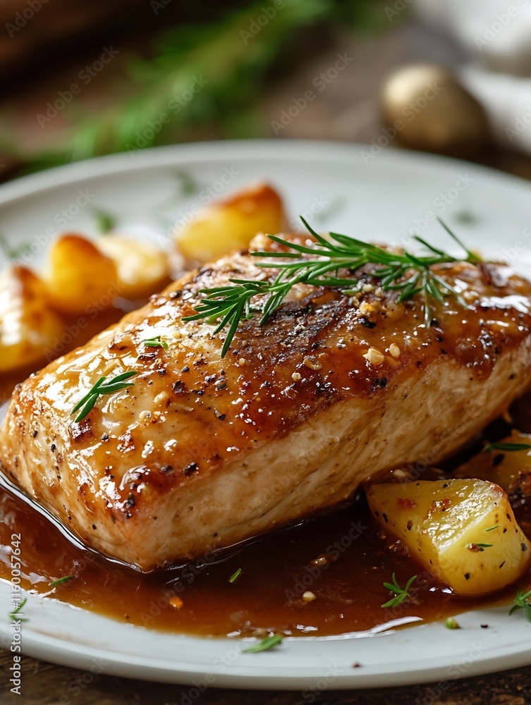 Grilled Salmon with Rosemary and Glazed Potatoes on Dinner Plate : Generative AI