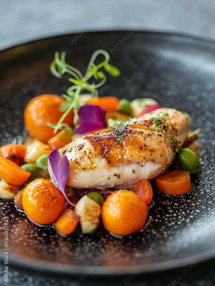 Gourmet Grilled Chicken Breast with Vegetables on Elegant Black Plate : Generative AI