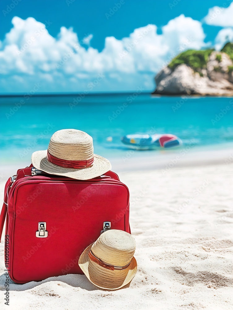 Sandy Beach Vacation with Vibrant Red Luggage and Sunny Sky View : Generative AI