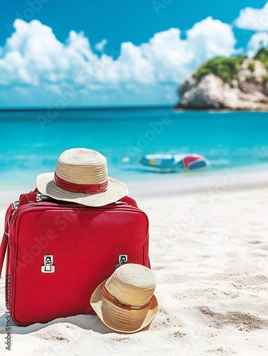 Obraz na płótnie Sandy Beach Vacation with Vibrant Red Luggage and Sunny Sky View : Generative AI w salonie