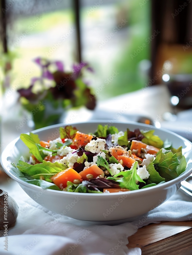 Fresh Organic Garden Salad with Feta Cheese and Vinaigrette Dressing : Generative AI