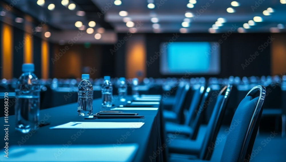 Fototapeta premium Conference room setup with water bottles and documents on tables. (1)