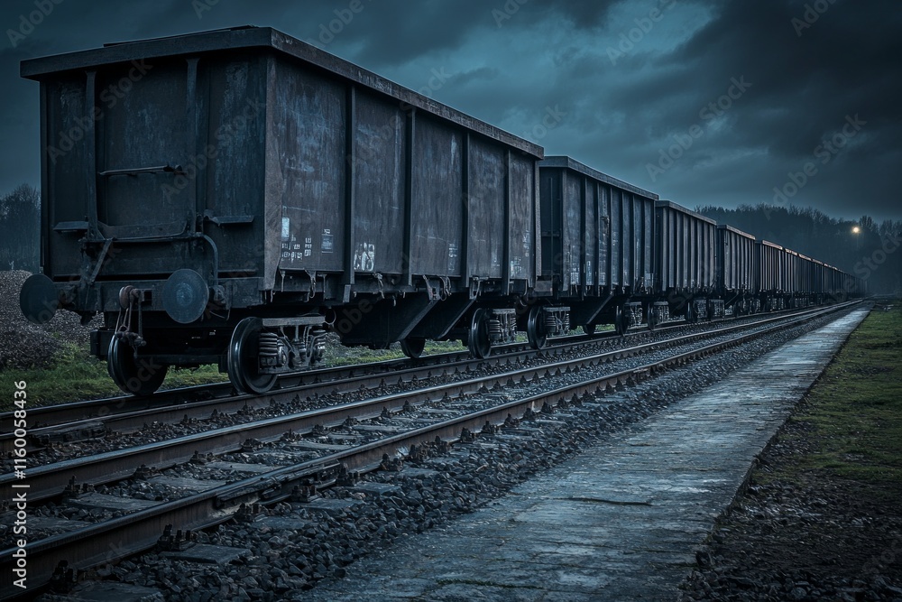Fototapeta premium Industrial Railroad at Dusk: A Long Freight Train