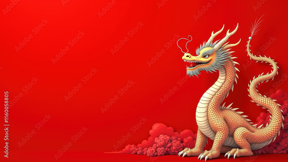 Fototapeta premium Chinese Dragon Red Background Lunar New Year - Lunar New Year/Asian.