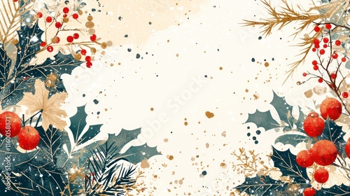 Festive Art Deco Christmas Border Design Featuring Vibrant Red Berries, Holly Leaves, and Elegant Floral Elements for Holiday Decor and Card Making