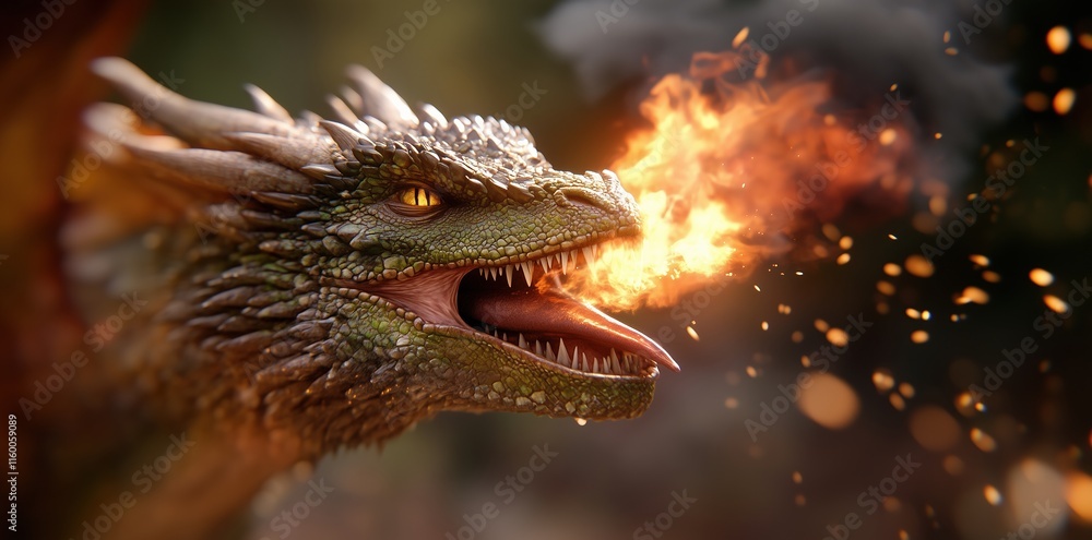 Fiery Dragon Head Breathing Fire Dark Forest Background Fiery Dragon Head Breathing Fire Dark Forest Background