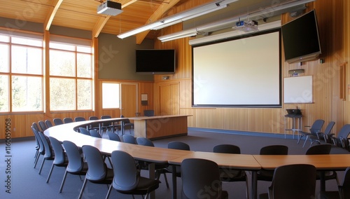 Modern curved classroom with projector, screen, and monitors.