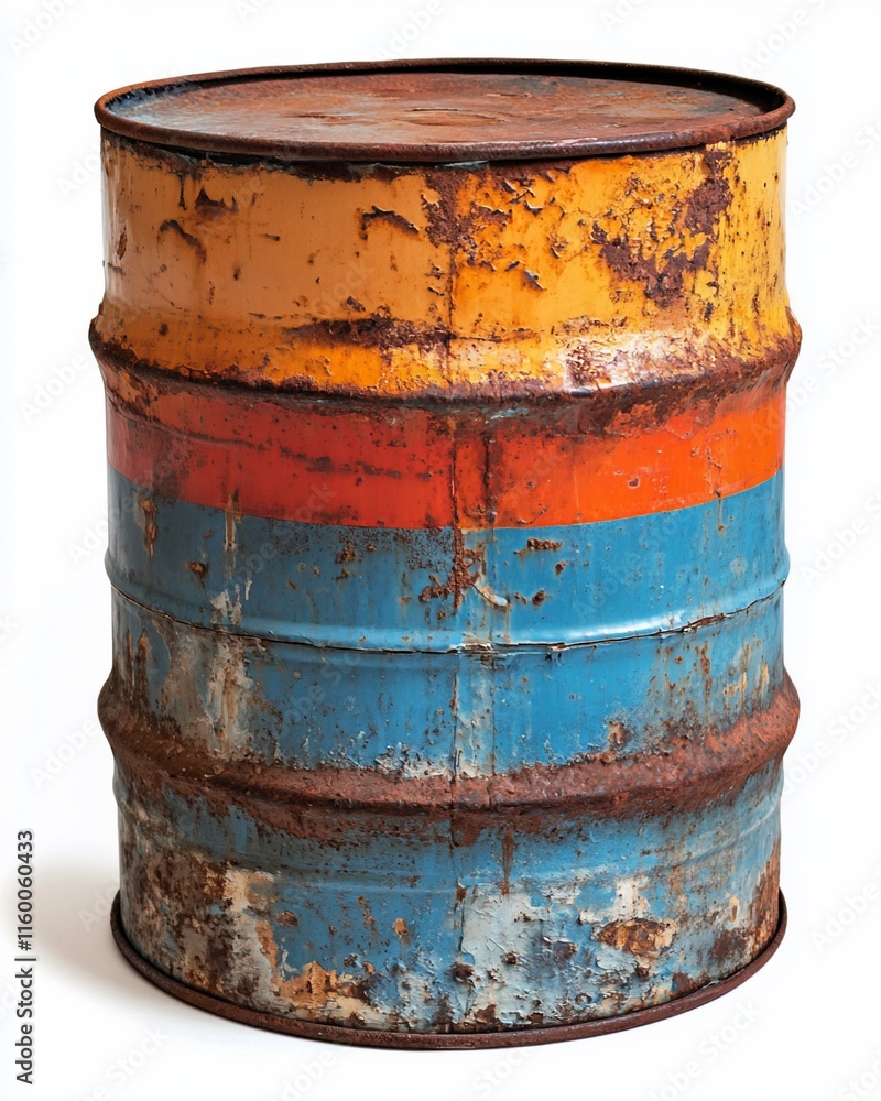 Rusty, multicolored metal drum isolated on white. Rusty, multicolored metal drum isolated on white.