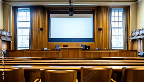 Empty courtroom with large screen, wooden paneling, and rows of seats. photo