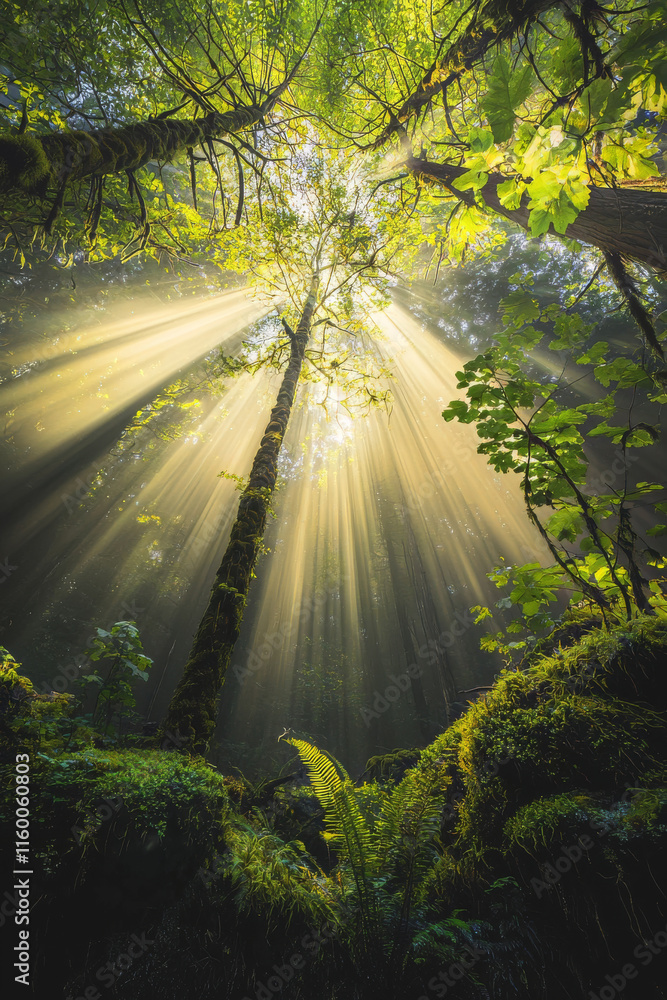 Obraz premium Enchanting Sun Rays in a Vibrant Forest