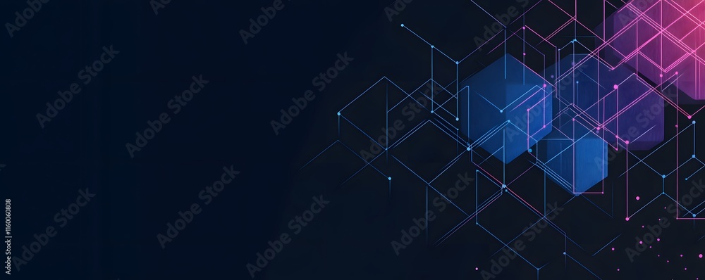Obraz premium Abstract Geometric Technology Background with Blue and Pink Hexagons and Lines on Dark Theme
