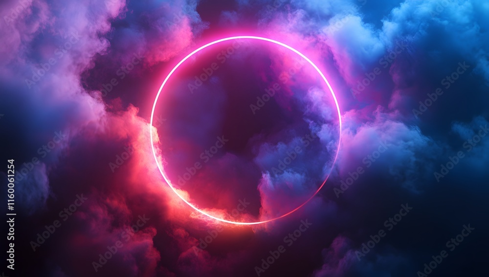 Neon Circle Above Colorful Clouds on Dark Background – Abstract Digital Art Neon Circle Above Colorful Clouds on Dark Background – Abstract Digital Art