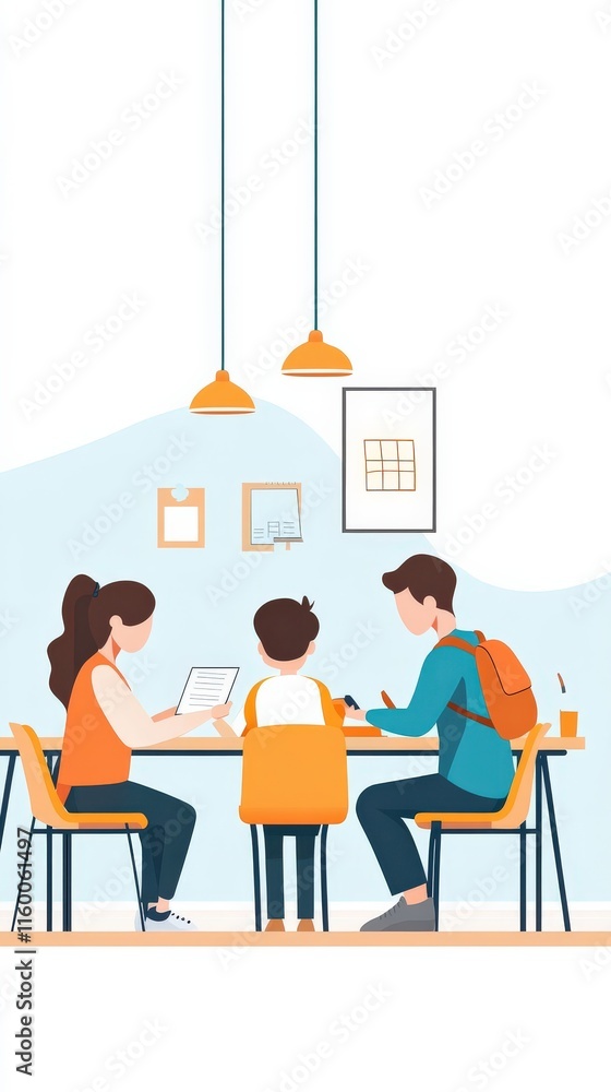 Family Engaging in Fun Learning Activity at a Modern Table with Tablets and a Notebook in a Bright, Inviting Room with Stylish Decor Family Engaging in Fun Learning Activity at a Modern Table with Tablets and a Notebook in a Bright, Inviting Room with Stylish Decor