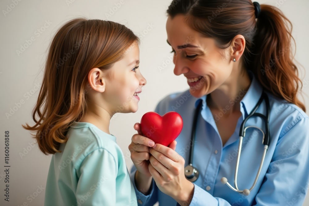Mother holding red toy heart close to child's ear with stethoscope nearby , love, health Mother holding red toy heart close to child's ear with stethoscope nearby , love, health
