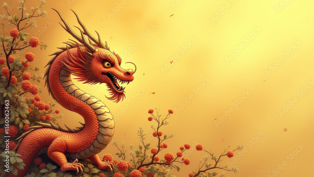 Fototapeta premium Majestic Orange Dragon, Asian Art, Mythical - Mythical Creatures
