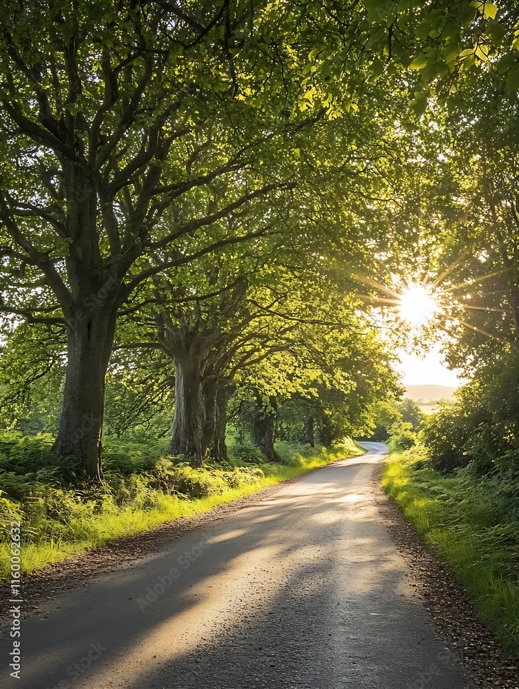 Sunlit Country Road Surrounded by Trees and Greenery on a Beautiful Sunny Day : Generative AI Sunlit Country Road Surrounded by Trees and Greenery on a Beautiful Sunny Day : Generative AI