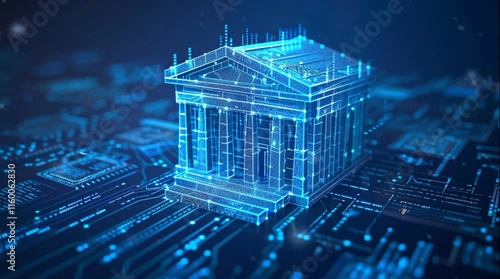 Banking logo in polygonal  line, hologram in futuristic blue background, Banking technology and modern online finance concept