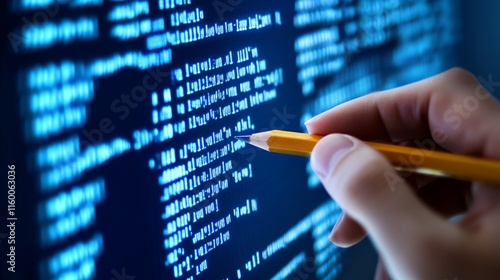  C# code, hand with pencil points c sharp programming language code on monitor