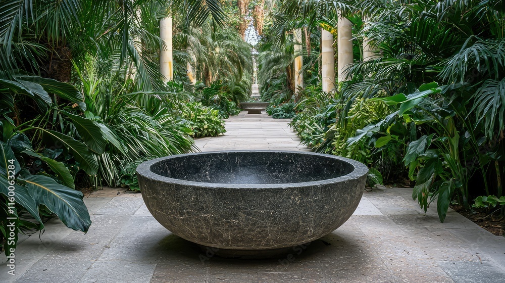 Serene Stone Basin Surrounded by Lush Green Tropical Foliage Serene Stone Basin Surrounded by Lush Green Tropical Foliage