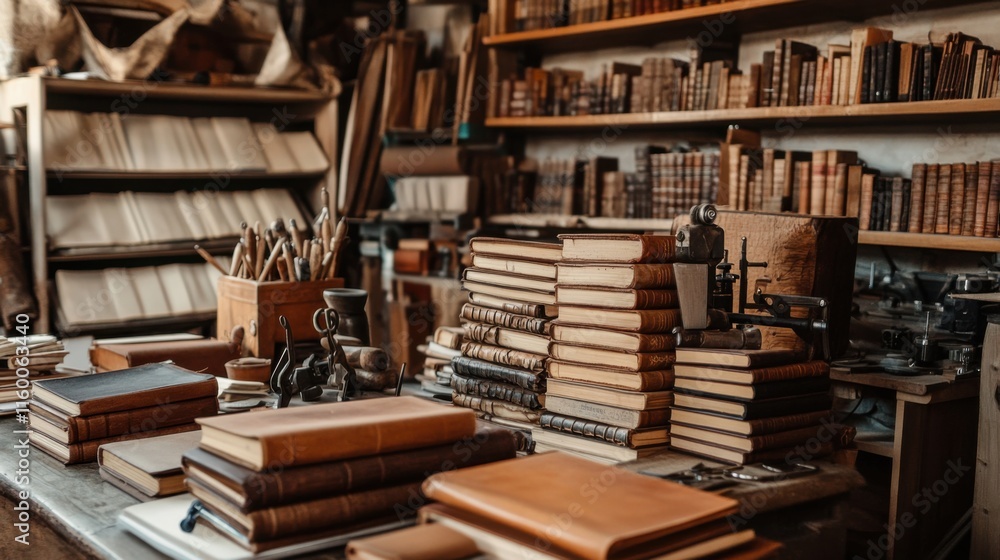 A tranquil bookbinding studio with tools and stacks of handmade journals, Bookbinding tools arranged amidst shelves of leather and paper, Artisanal bookbinding style A tranquil bookbinding studio with tools and stacks of handmade journals, Bookbinding tools arranged amidst shelves of leather and paper, Artisanal bookbinding style
