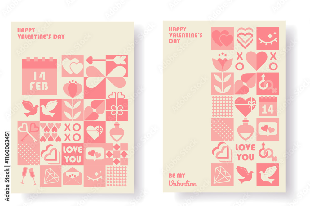 Happy Valentines Day Bauhaus Geometric Posters templates set Pink Pastel. Minimalist design Modern Concept for banner, card, cover. Romantic vector layouts in style with geometric elements and symbols Happy Valentines Day Bauhaus Geometric Posters templates set Pink Pastel. Minimalist design Modern Concept for banner, card, cover. Romantic vector layouts in style with geometric elements and symbols