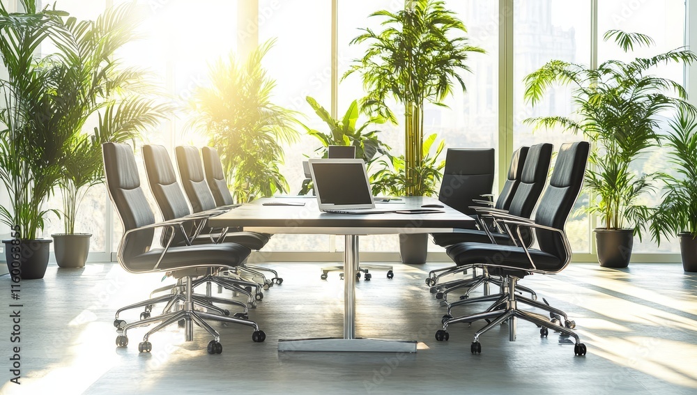 Fototapeta premium Sunlit modern conference room with plants and laptop.