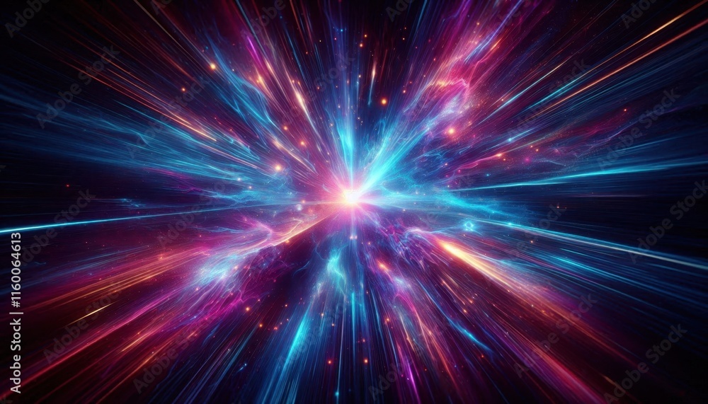 Cosmic explosion, vibrant energy burst, radiant light rays, deep space, swirling colors, blue and purple nebula, star formation, interstellar dust, celestial fireworks, dynamic motion blur, galactic c Cosmic explosion, vibrant energy burst, radiant light rays, deep space, swirling colors, blue and purple nebula, star formation, interstellar dust, celestial fireworks, dynamic motion blur, galactic c
