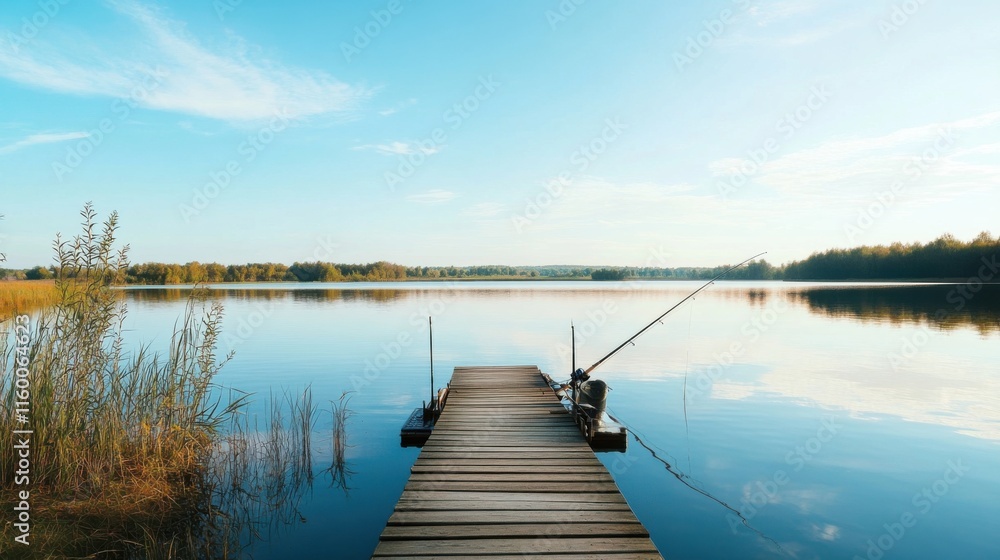 Fototapeta premium A tranquil fishing spot on a secluded pier overlooking serene waters, Fishing rods cast in anticipation under clear skies, Leisurely lifestyle style