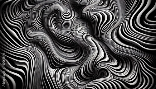 Abstract swirling patterns, black and white, fluid dynamics, organic curves, hypnotic lines, optical illusion, psychedelic art, high contrast, intricate details, flowing motion, wavy textures, monochr photo