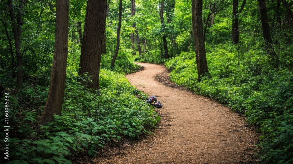A tranquil hiking trail winding through lush greenery, Hiking gear laid out for adventure, Natural photo of A tranquil hiking trail winding through lush greenery, Hiking gear laid out for adventure, Natural photo of