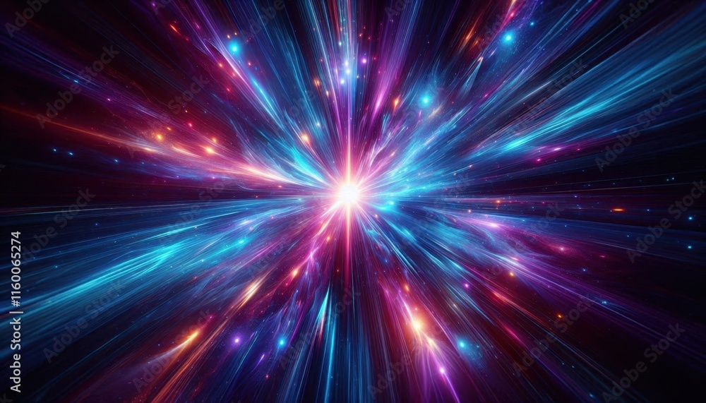 Cosmic explosion, vibrant energy burst, radiant light rays, deep space, swirling colors, blue and purple nebula, star formation, interstellar dust, celestial fireworks, dynamic motion blur, galactic c Cosmic explosion, vibrant energy burst, radiant light rays, deep space, swirling colors, blue and purple nebula, star formation, interstellar dust, celestial fireworks, dynamic motion blur, galactic c