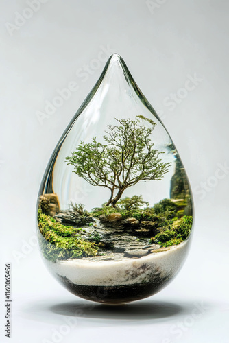 A miniature ecosystem contained within a raindrop, symbolizing water as a source of all life photo