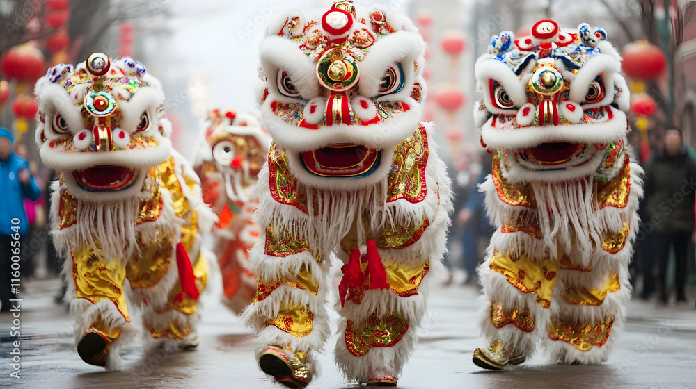 Fototapeta premium Energetic Lion Dance Performed By Colorful Troop During Chinese Street Festival : Generative AI