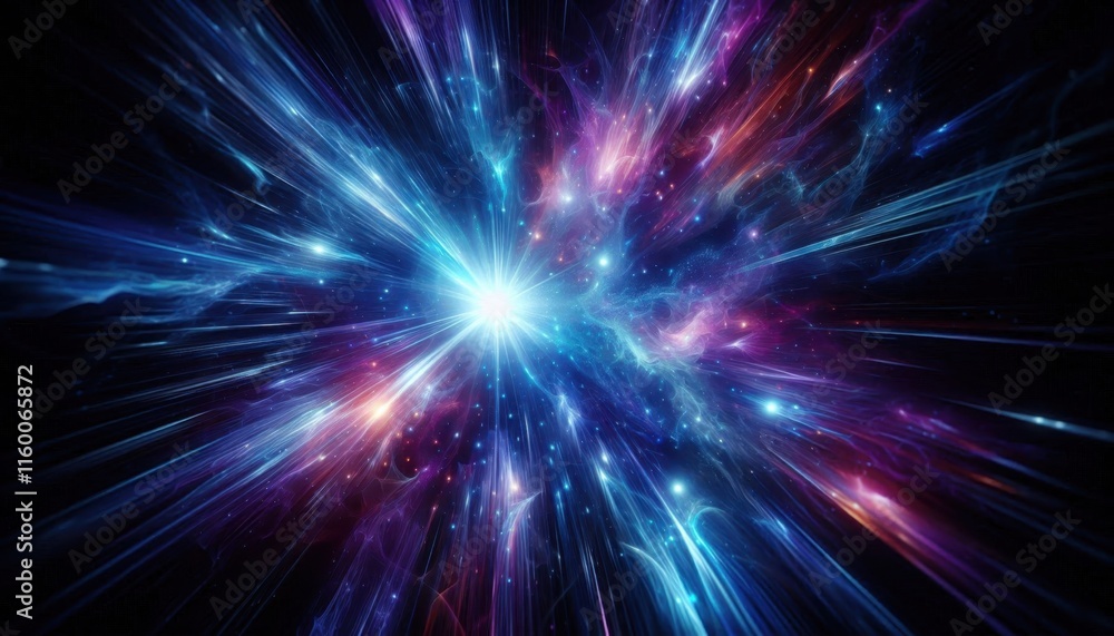 Cosmic explosion, vibrant energy burst, radiant light rays, deep space, swirling colors, blue and purple nebula, star formation, interstellar dust, celestial fireworks, dynamic motion blur, galactic c Cosmic explosion, vibrant energy burst, radiant light rays, deep space, swirling colors, blue and purple nebula, star formation, interstellar dust, celestial fireworks, dynamic motion blur, galactic c