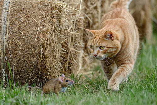 Cat chasing a mouse near a stack of hay bales photo