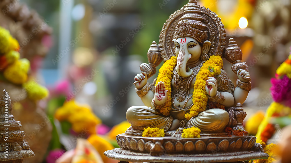 Fototapeta premium Intricate Ganesh Statue with Floral Garland for Festive Worship : Generative AI