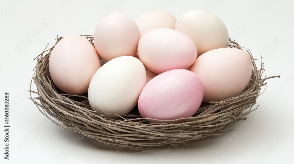 Soft Pastel Colored Eggs in a Natural Nest on White Background Soft Pastel Colored Eggs in a Natural Nest on White Background