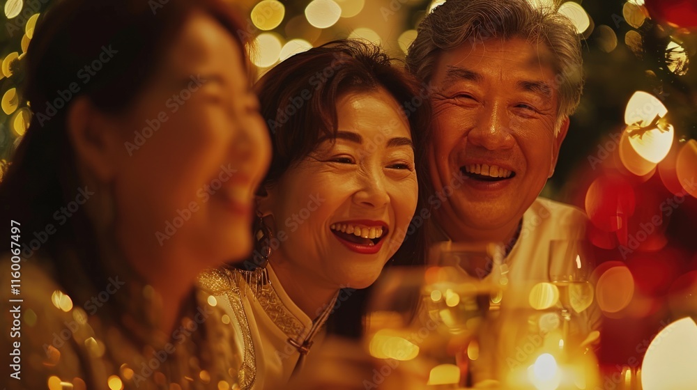 Happy Asian family laughing together at a festive dinner party with warm lighting and bokeh. Happy Asian family laughing together at a festive dinner party with warm lighting and bokeh.