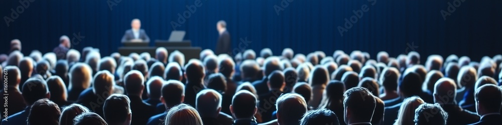 Obraz premium High-resolution image of a large audience viewed from behind, focusing on a formal speech event in a spacious auditorium with amazing details and masterful composition.