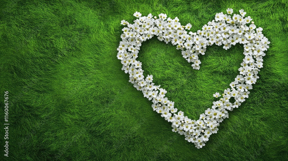 Heart Shape Made of White Flowers on Green Grass Background Heart Shape Made of White Flowers on Green Grass Background