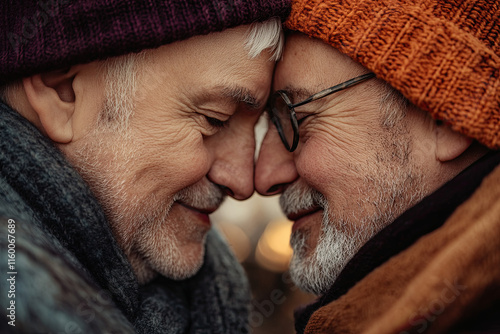 Older LGBTQ+ couple celebrating an anniversary, symbolizing lifelong love and resilience photo