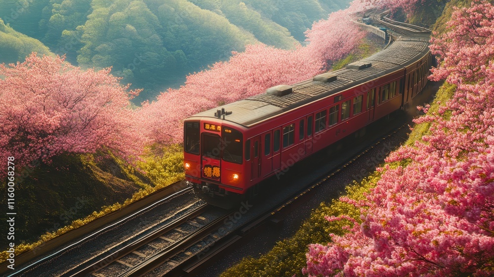Obraz premium Cherry blossom with Red train in spring in Japan or Korea is the popular view spot,Illustration of Japanese spring,Panorama travel,tour advertising of world famous landmarks of Japan,autumn season.