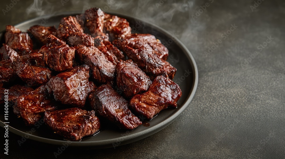 Deliciously Grilled Meat Pieces Served on a Dark Plate Deliciously Grilled Meat Pieces Served on a Dark Plate
