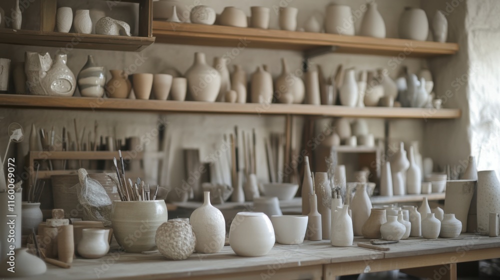 A tranquil pottery workshop with shelves of delicate ceramic sculptures, Pottery tools arranged in a workshop of creative serenity, Contemporary ceramic art style A tranquil pottery workshop with shelves of delicate ceramic sculptures, Pottery tools arranged in a workshop of creative serenity, Contemporary ceramic art style
