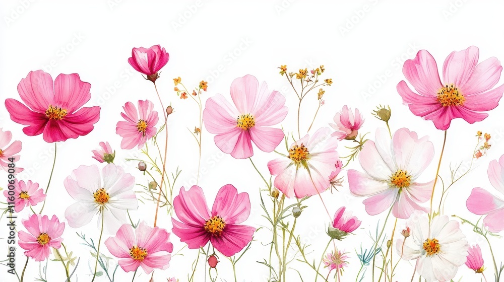 Watercolor of pink cosmos flower isolated on white background,Collection cosmea flower and leaves,wildflowers seamless pattern,soft colorful blooming flower background. Watercolor of pink cosmos flower isolated on white background,Collection cosmea flower and leaves,wildflowers seamless pattern,soft colorful blooming flower background.